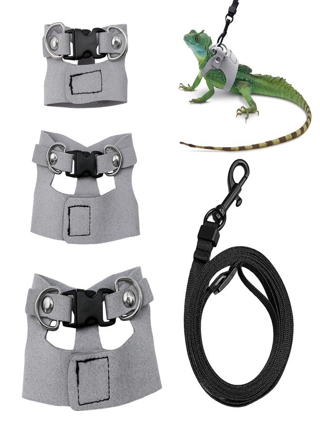 aeloer Bearded Dragon Harness and Leash Set, 3 Size Adjustable Soft Leather Reptile Leash, Lizard Harness with Retractable, Small Animal Outdoor Walking Vest with Traction Rope, 3 Pack, Grey - Image 1